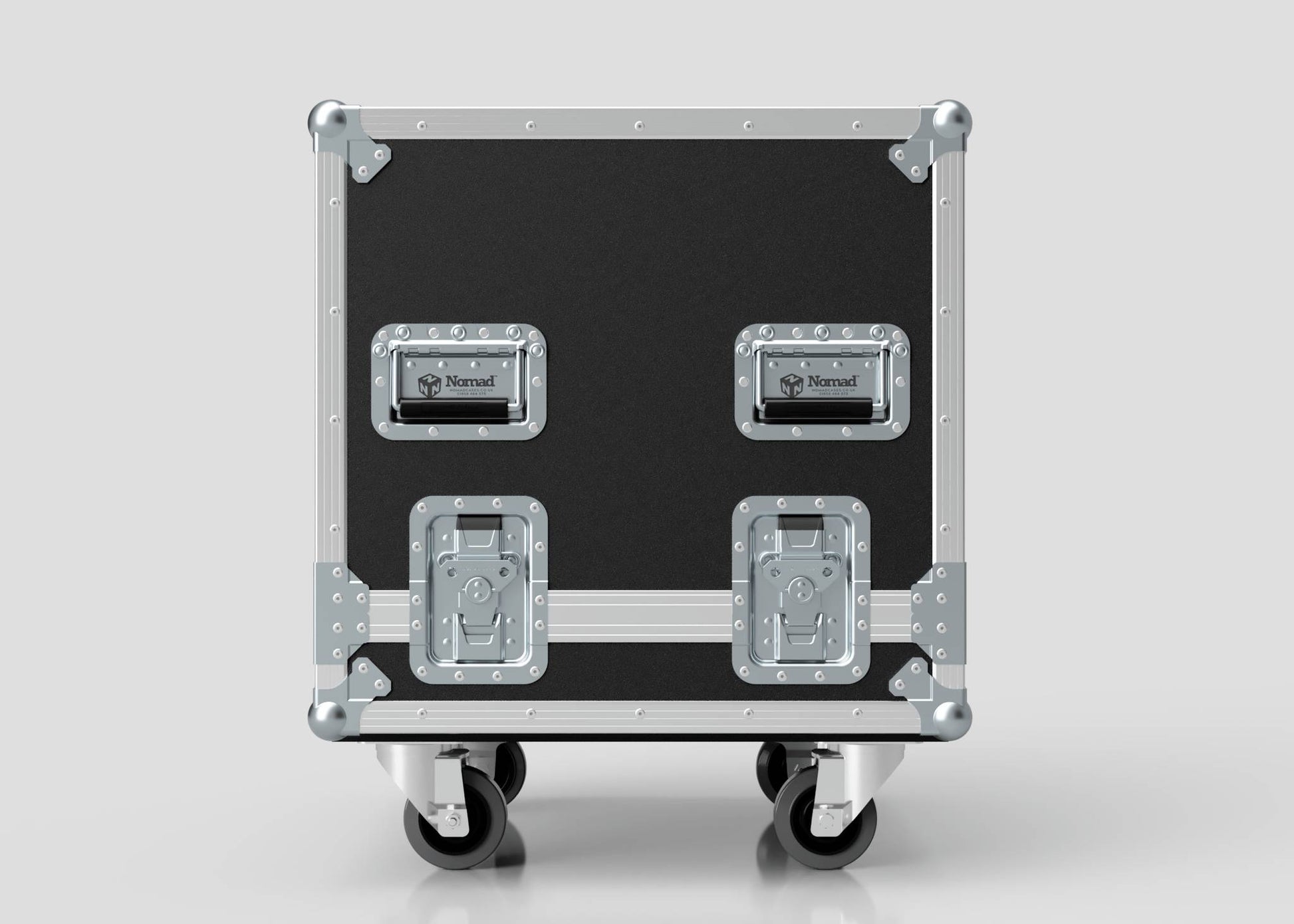 The 13U Standard Rack Sleeve With Case With Lift Off Lid is a black and silver road case with metal reinforcements, handles, and wheels, designed for transporting equipment.