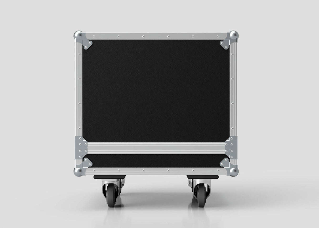 The 13U Standard Rack Sleeve With Case With Lift Off Lid is a black rectangular road case with metal edges and corners, shown from the front on four wheels against a plain light gray background.