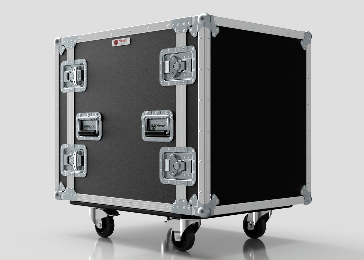 The 13U Suspended Shock Mounted Rack Case is a large black and silver flight case with protective metal edges, latches, handles, caster wheels, and suspended shock-mounted racks, shown against a plain background.