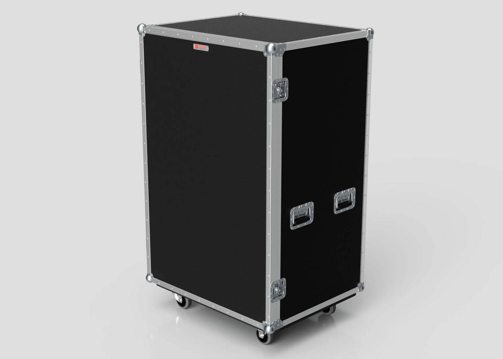 A 14 Way Poly Tray Case featuring a large black design, metal edges, corner reinforcements, side handles, and caster wheels is displayed on a plain light background.