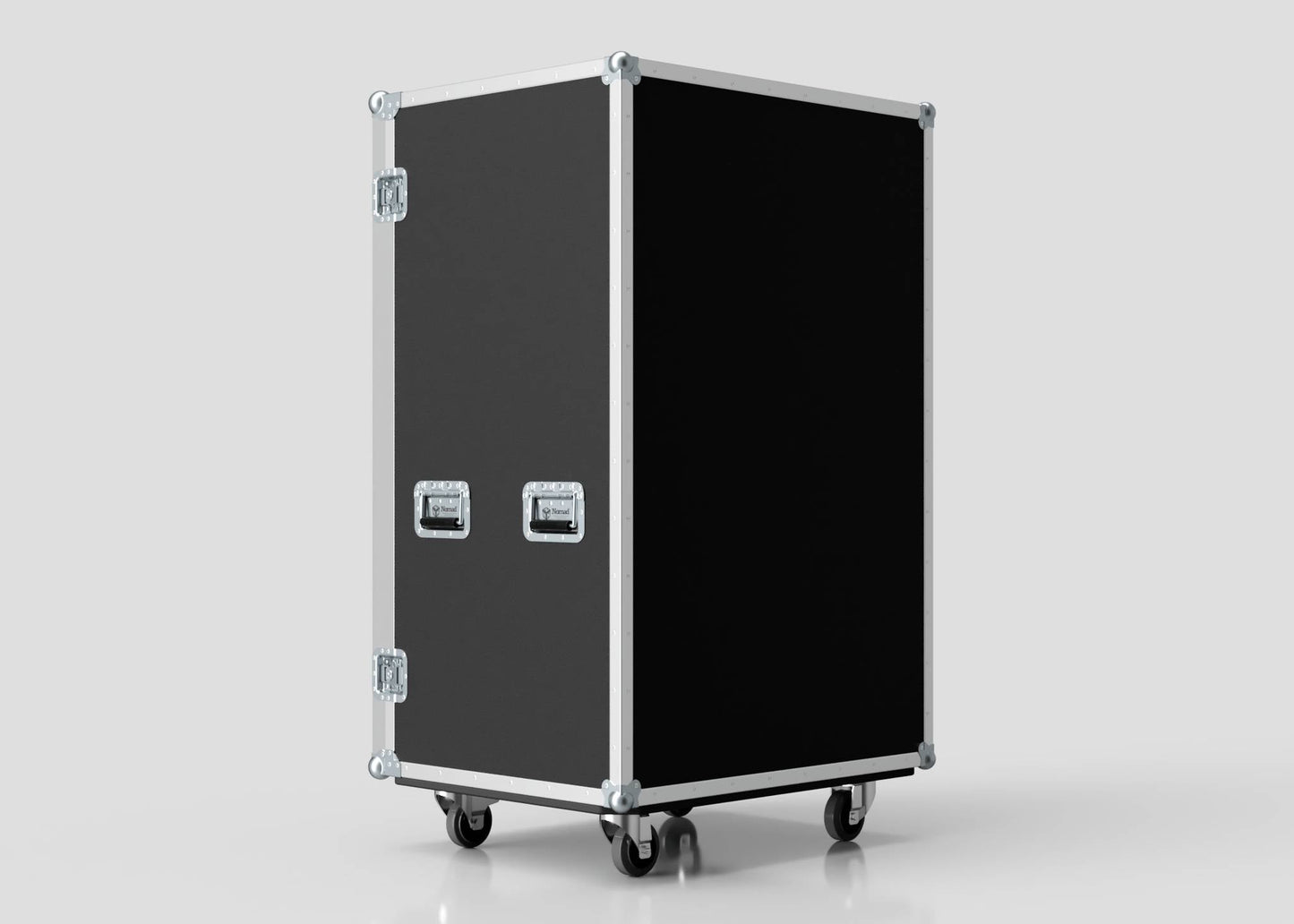 The 14 Way Poly Tray Case is a large, black case with metal edges, handles, and four caster wheels, shown standing upright against a plain light background.