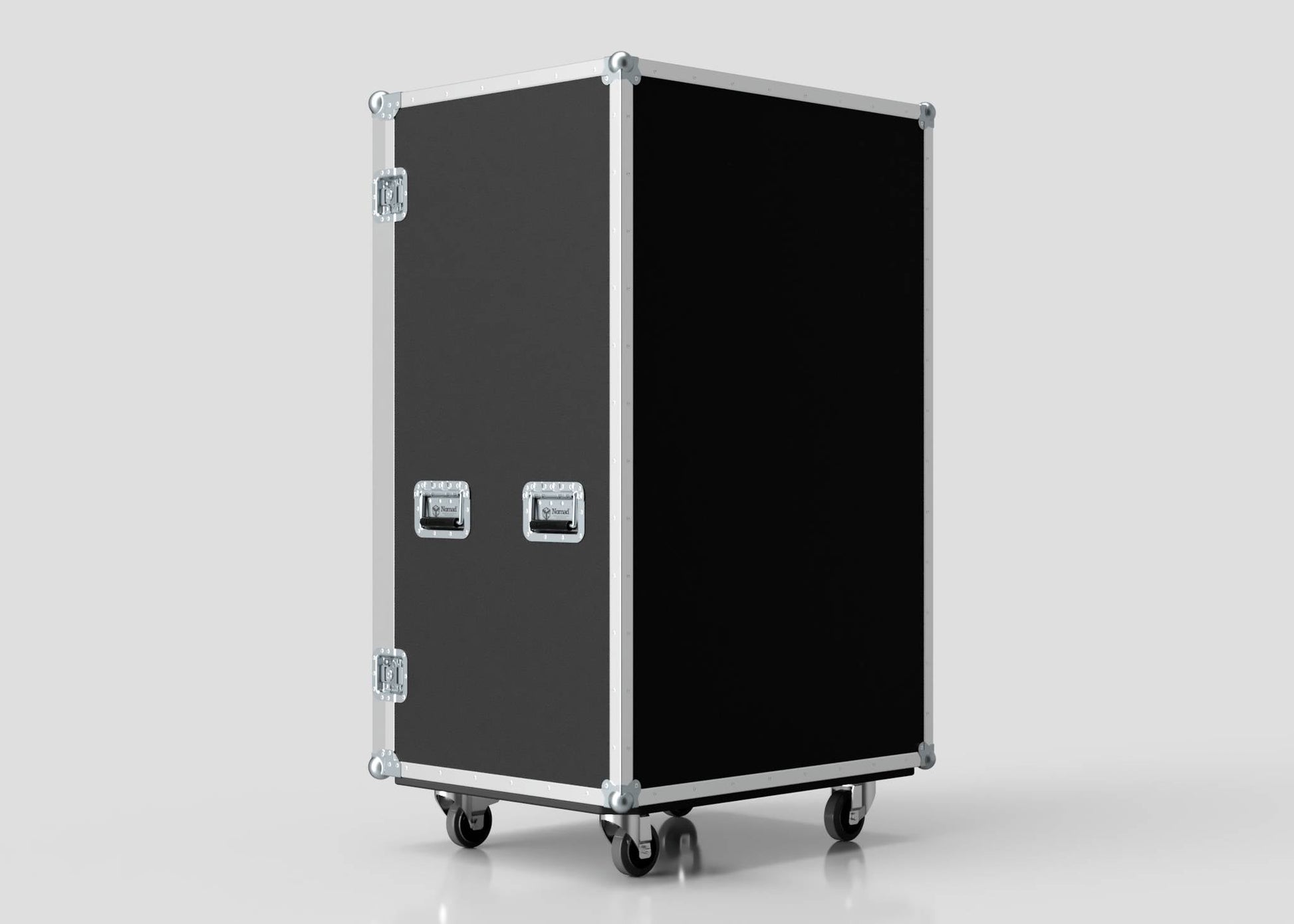 The 14 Way Poly Tray Case is a large, black case with metal edges, handles, and four caster wheels, shown standing upright against a plain light background.