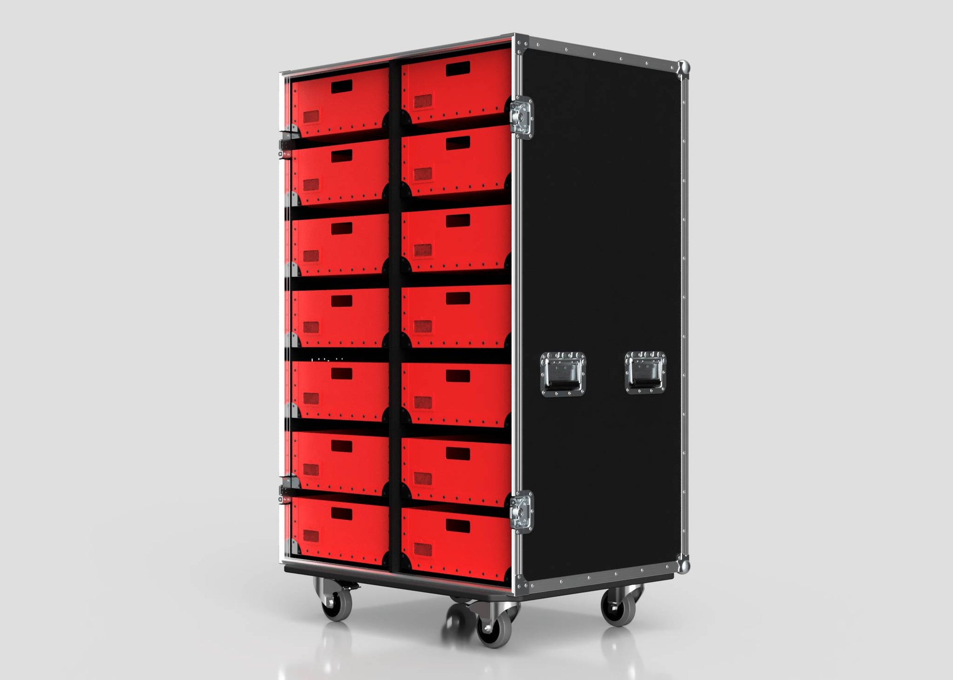 The 14 Way Poly Tray Case is a black and silver custom case with two side handles, featuring fourteen red slide-out drawers in three columns and five rows—a versatile, lightweight tote box solution.