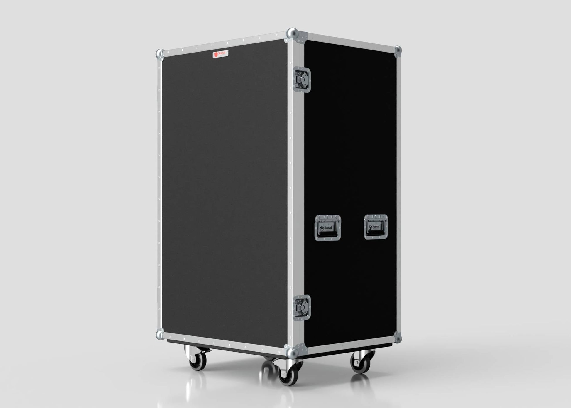 The 14 Way Poly Tray Case is a large black custom case with metal edges, handles, latches, and four caster wheels, displayed against a plain light background.