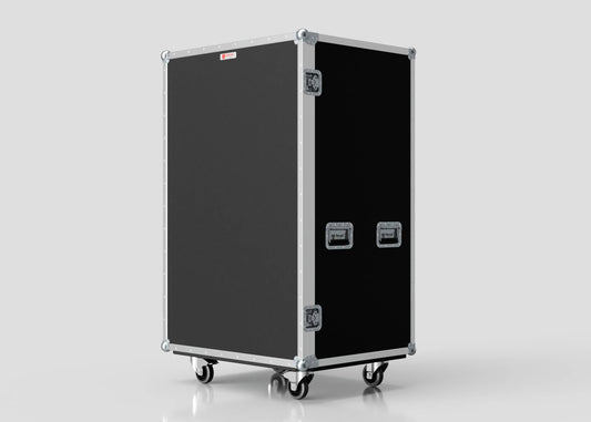 The 14 Way Poly Tray Case is a large black custom case with metal edges, handles, latches, and four caster wheels, displayed against a plain light background.
