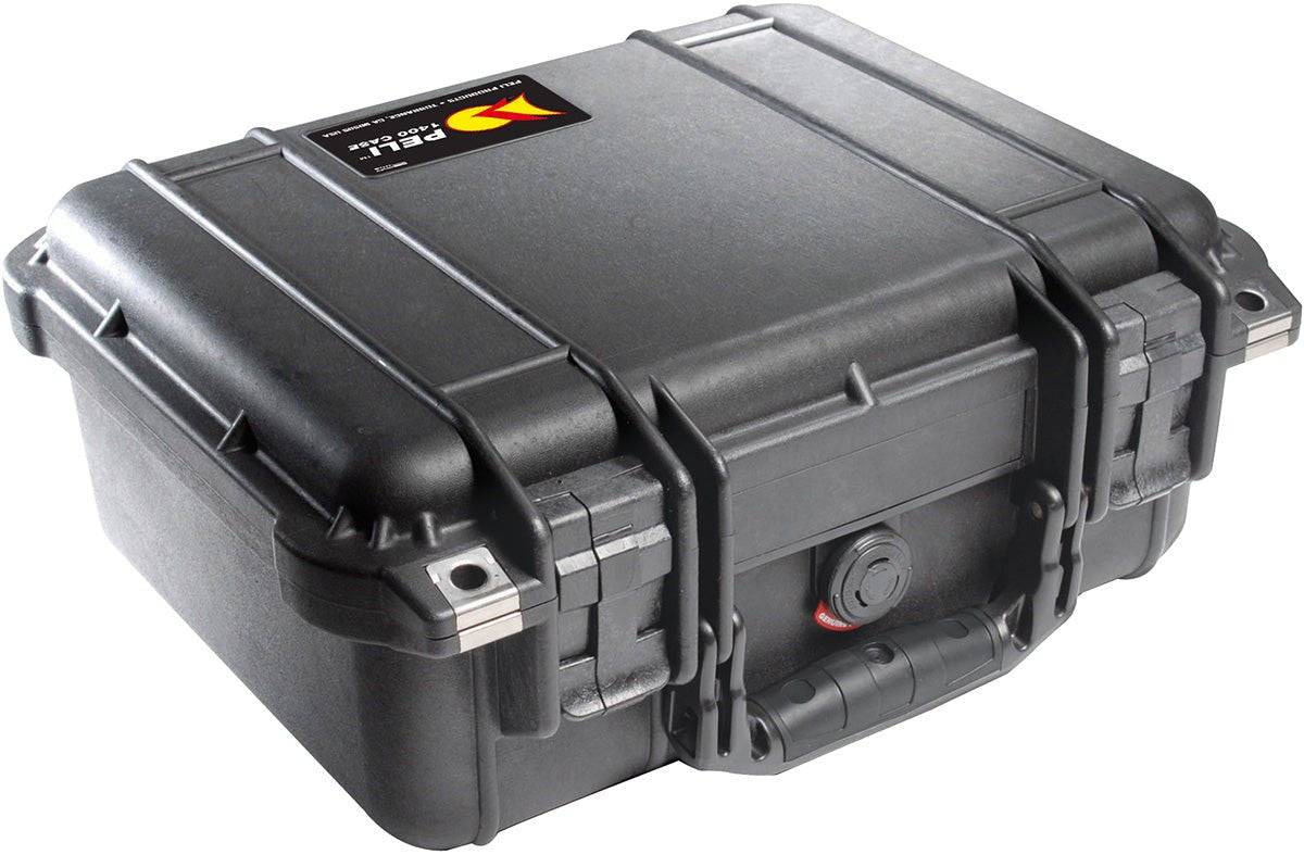 The 1400EU Protector Case is a black, crushproof case with reinforced corners, heavy-duty latches, and a lid sticker, providing reliable gear protection.