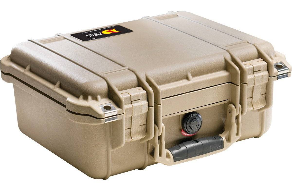 The 1400EU Protector Case is a tan PELI case with a black handle, tough latches, and a secure combination lock on the front. Crushproof construction keeps your valuables protected in any situation.