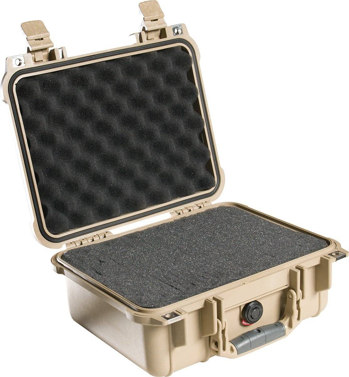 A tan hard plastic 1400EU Protector Case with an open lid displays interior foam padding; front clasps and a handle are shown on this watertight, crushproof case.