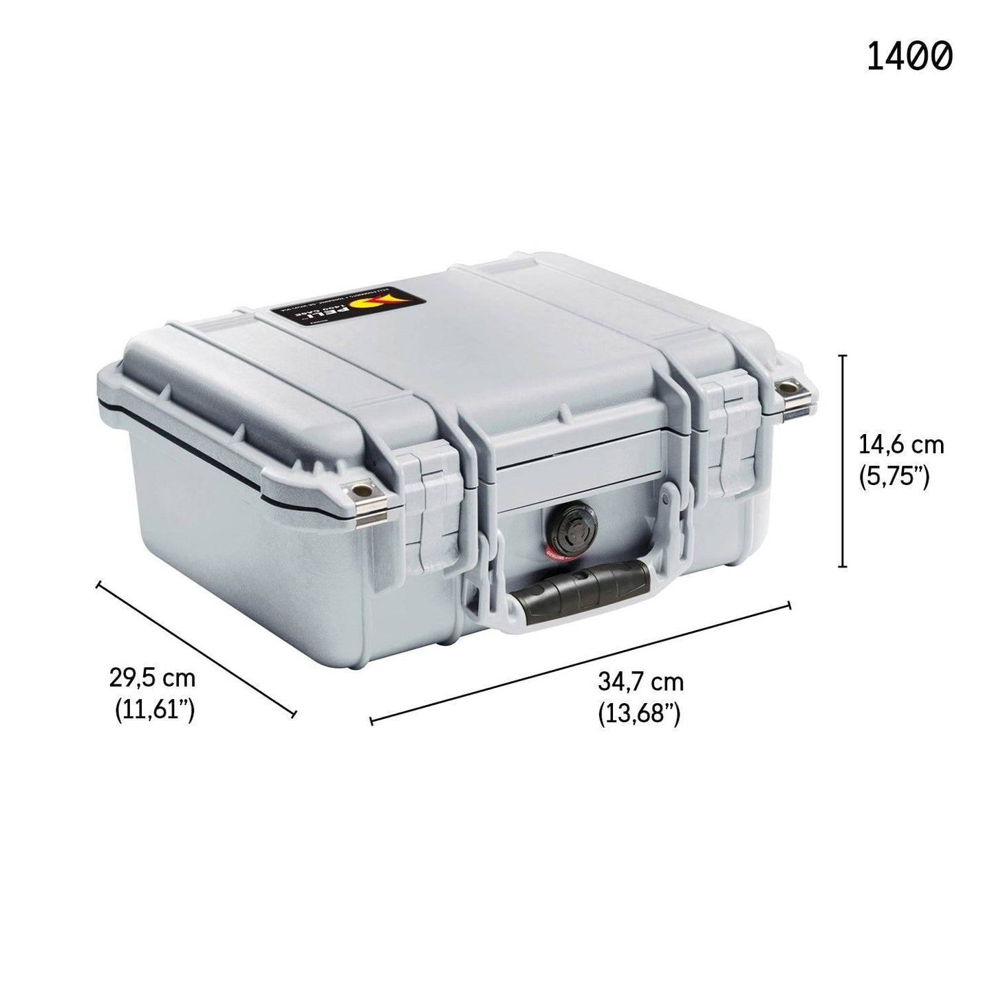 A gray 1400EU Protector Case with handle and latch is shown, measuring 34.7 cm wide, 29.5 cm deep, and 14.6 cm high. This watertight case keeps your valuables safe in any environment.