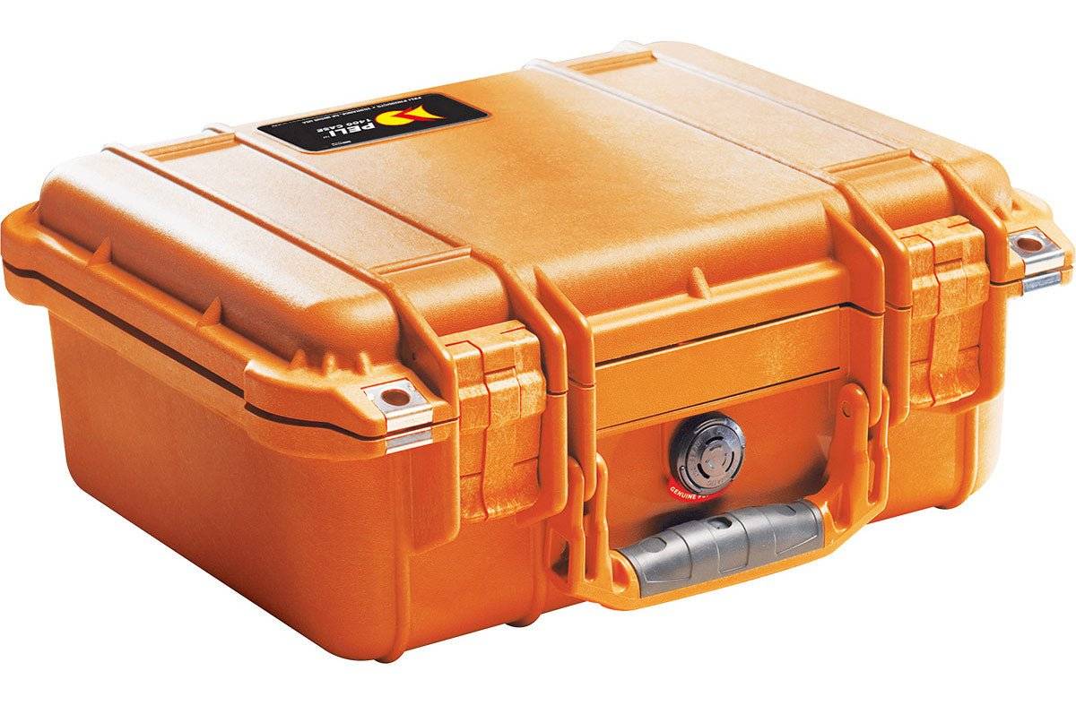 The orange 1400EU Protector Case by PELI, featuring metal latches, a lock, and a handle, is displayed against a white background. This crushproof case provides superior protection for your gear.