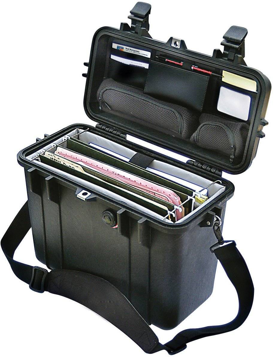 The black 1430 Protector Top Loader Case features a hard shell and shoulder strap, opening to reveal file folders, documents, and mesh pockets for cards and small items—a rugged case built for ultimate organization.
