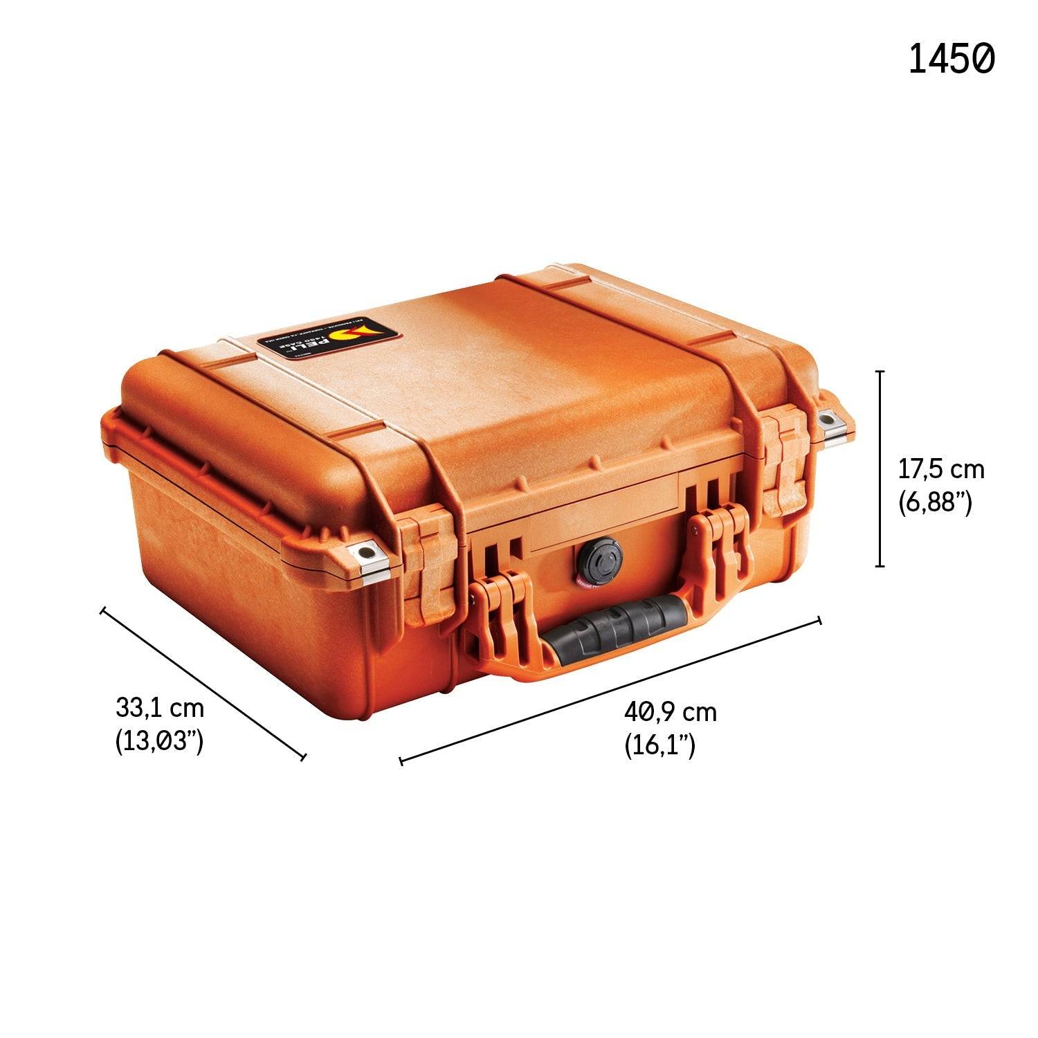 Orange 1450EU Protector Case with handle, black latches, and label; dimensions: 17.5 cm (H) x 40.9 cm (W) x 33.1 cm (D). This watertight case ensures reliable protection. Model number 1450 displayed in the corner.