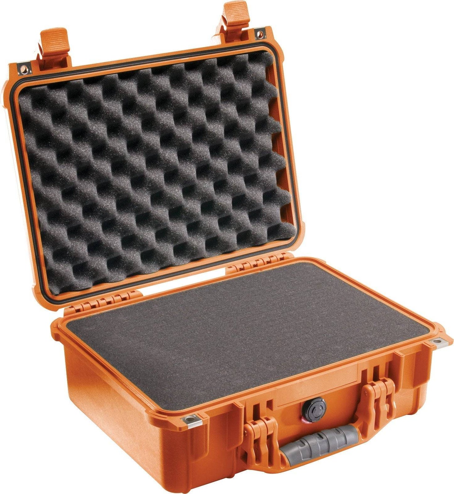 An open orange 1450EU Protector Case with foam padding, designed to be watertight and crushproof for secure storage and transport of sensitive equipment.
