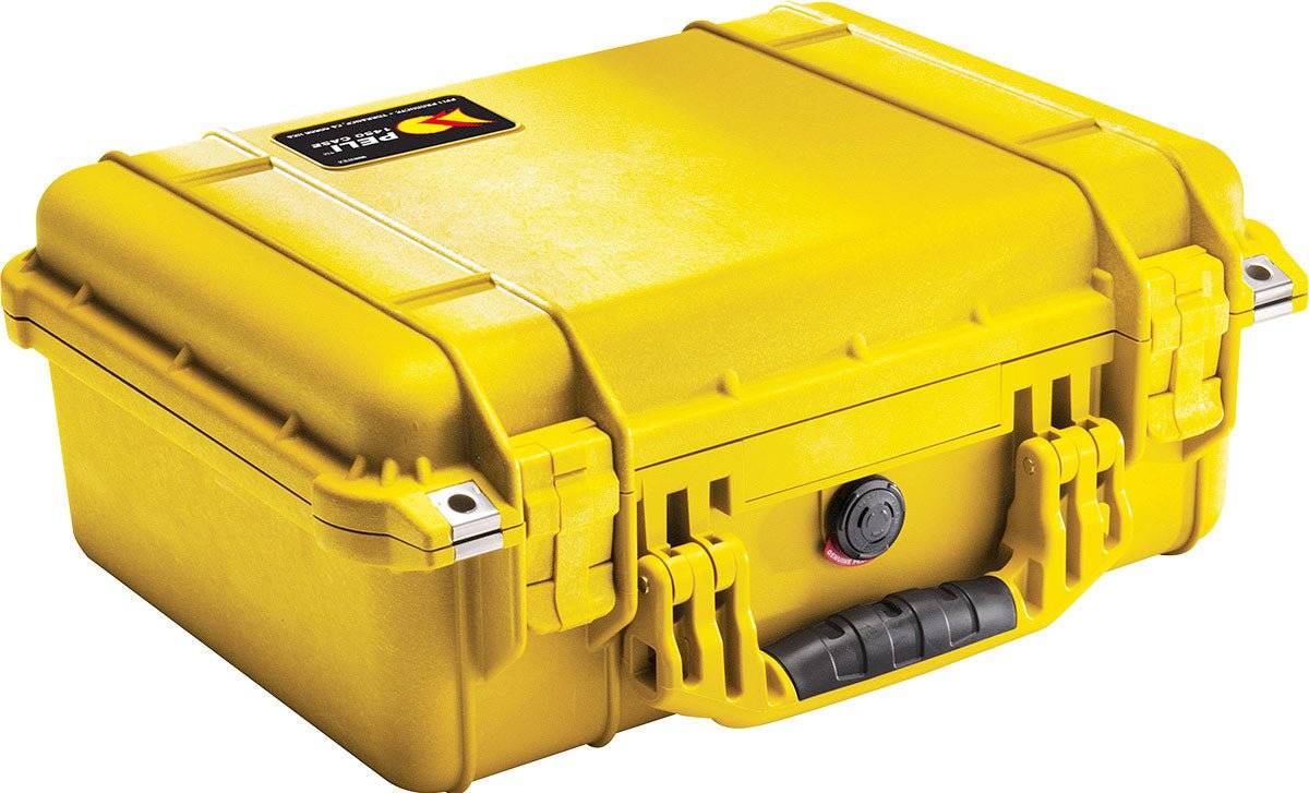 The yellow 1450EU Protector Case features a black handle and secure latches; this crushproof PELI case is ideal for storing and transporting sensitive equipment.