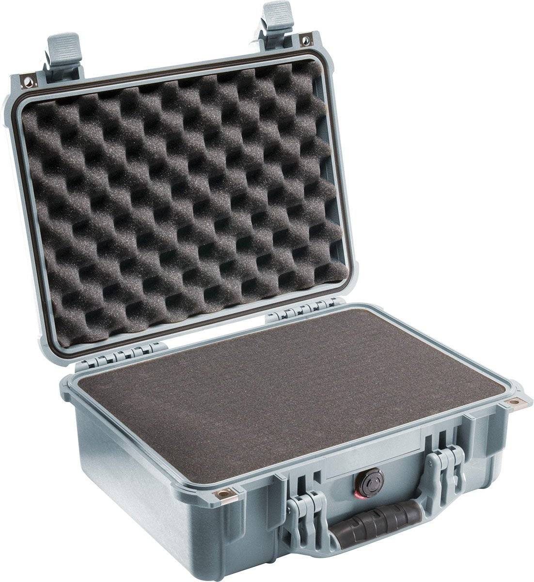 A gray, hard-shell 1450EU Protector Case with an open lid, showcasing egg-crate foam padding inside and a foam insert in the base for added protection.