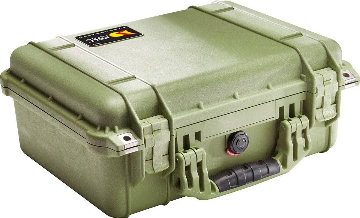 The 1450EU Protector Case is a sturdy green PELI case with secure latches, a handle, and a small black-and-yellow label in the top corner, designed to be crushproof for reliable protection.