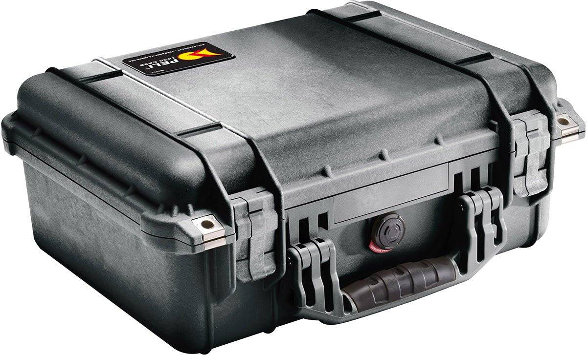 A closed, black 1450EU Protector Case with latches, handle, and lid label, providing reliable watertight and crushproof protection.