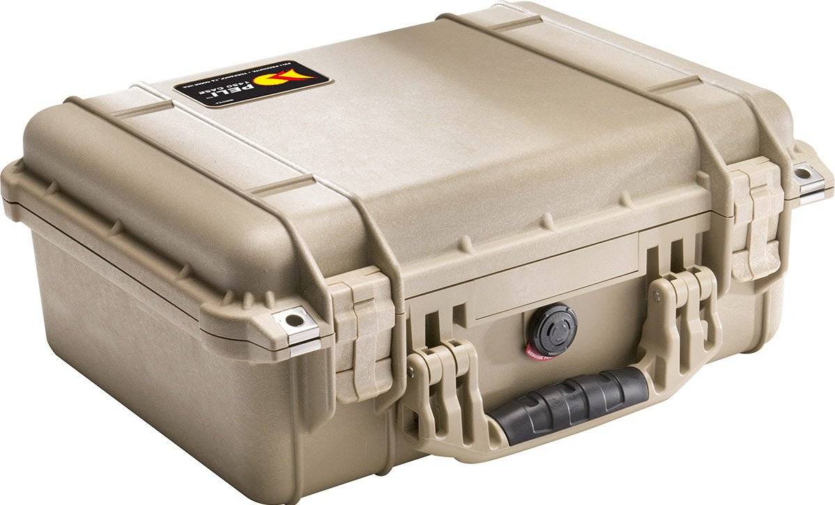 The 1450EU Protector Case in tan features a black handle, dual front latches, and a small lid label, providing durable, crushproof protection for your gear.