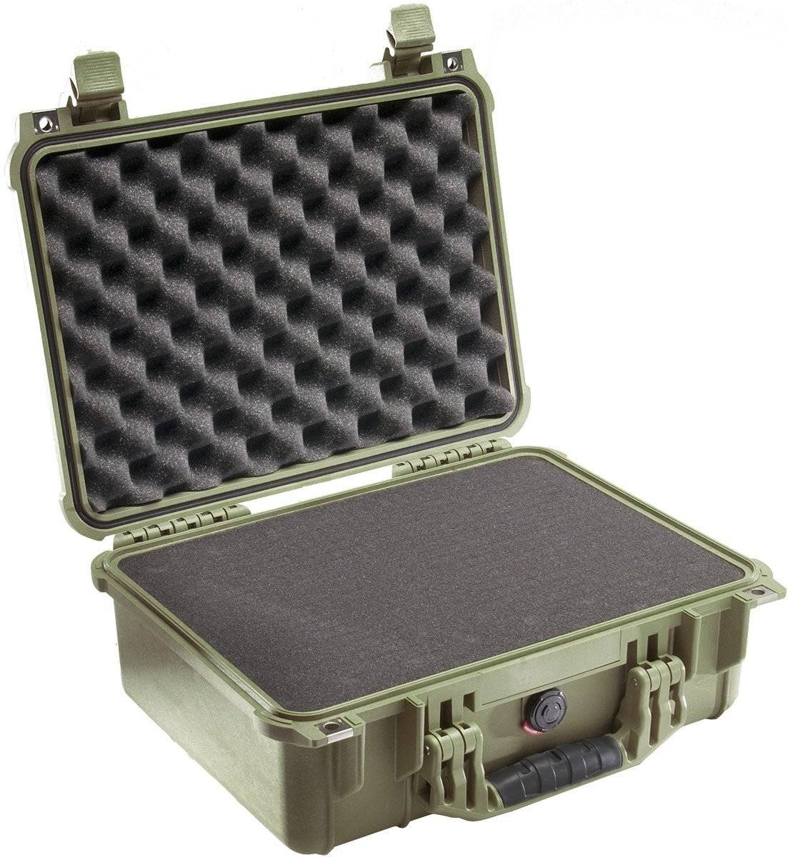 An open green 1450EU Protector Case with foam padding inside and a black front handle, offering crushproof and watertight protection for maximum safety.