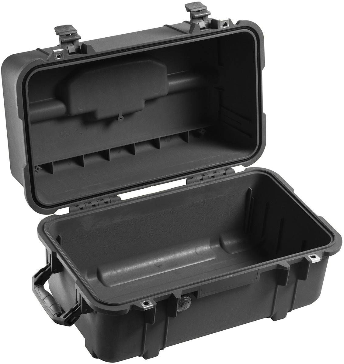 A black 1460 Protector Case made of hard plastic is open, showing an empty interior, side handle, and secure locking clasps on the lid.