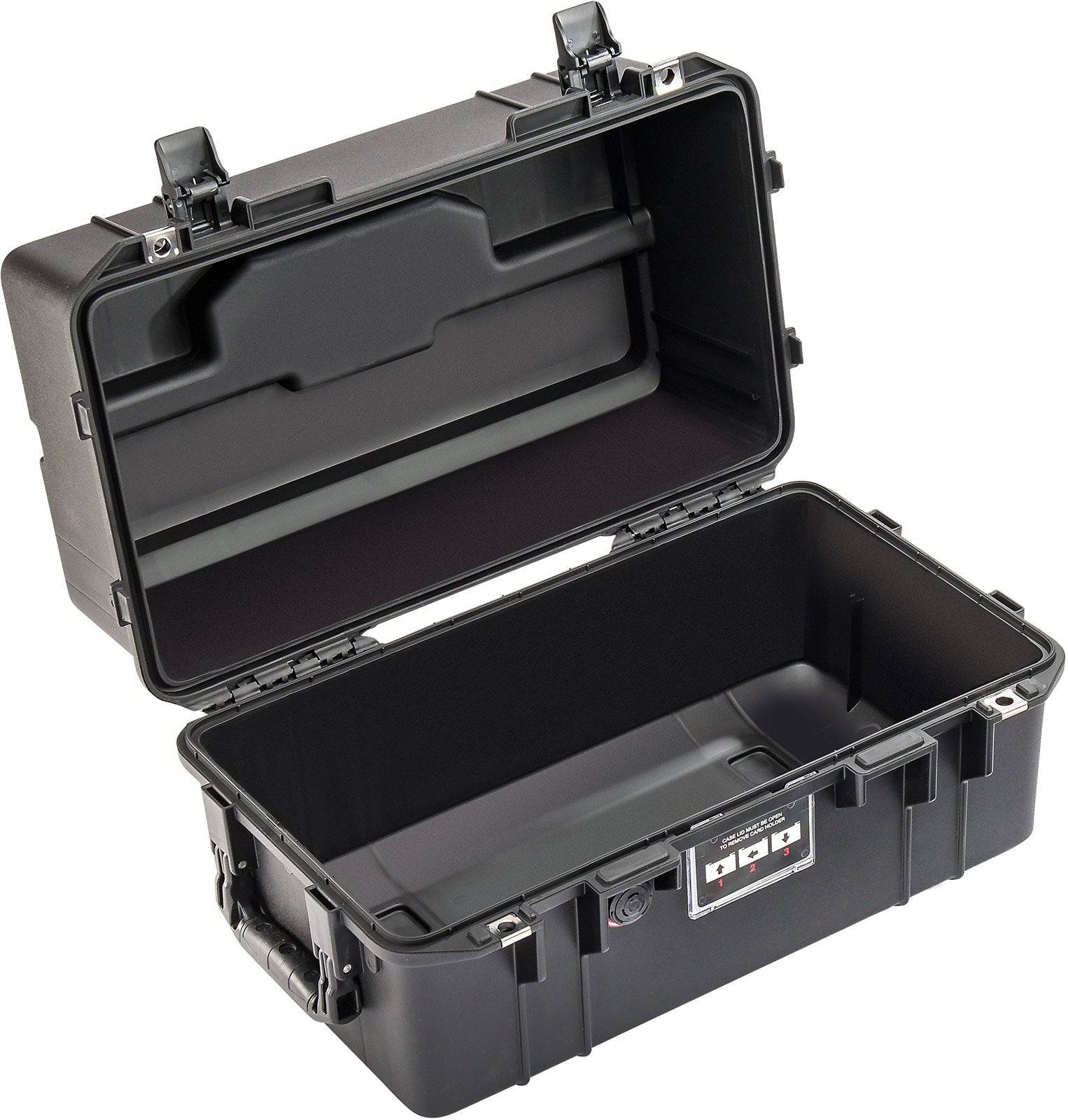 A black 1465 Air Case is shown open, displaying its empty foam-lined interior and lid latches—this lightweight hard case offers superior protection.