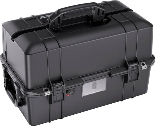 The 1465 Air Case is a black, lightweight hard case featuring a sturdy handle, secure latches, and reinforced corners, ideal for safely transporting or storing sensitive equipment.
