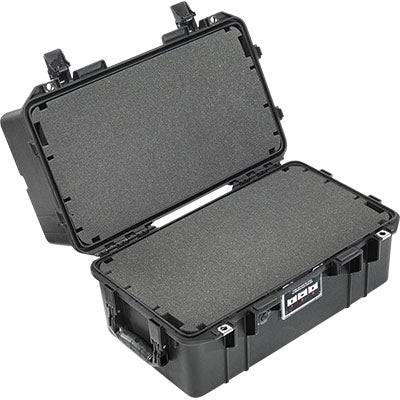 The 1465 Air Case, a lightweight black hard case, is open to reveal its foam-padded interior, front latches, handle, and combination lock.