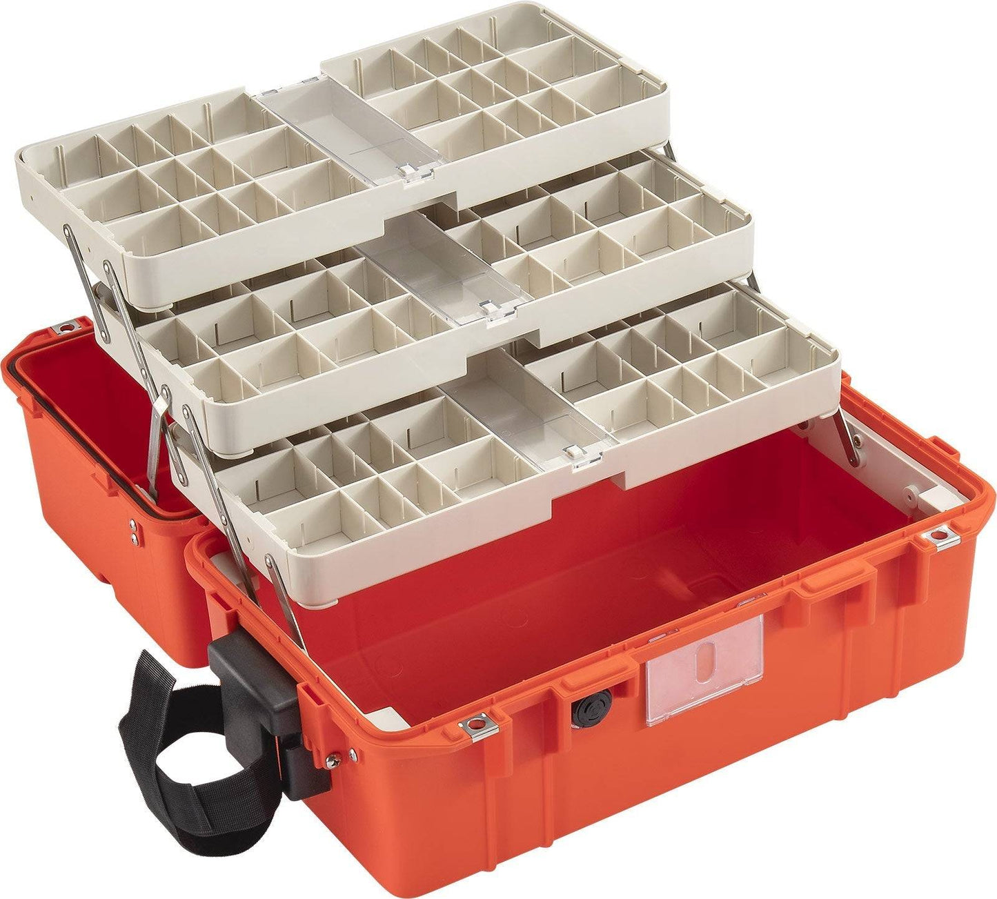 The 1465EMS Air EMS Case is an open orange storage solution with three white tiered trays, multiple small compartments, and a large empty bottom—offering crushproof, lightweight protection for secure and organized storage.