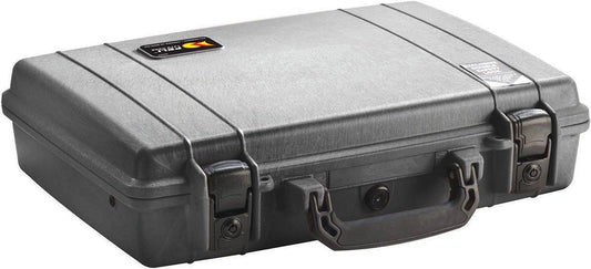 The black 1470 Protector Laptop Case is a hard-shell PELI case with two latches, a central handle, and a small label on the lid, providing rugged protection and secure storage for your laptop.