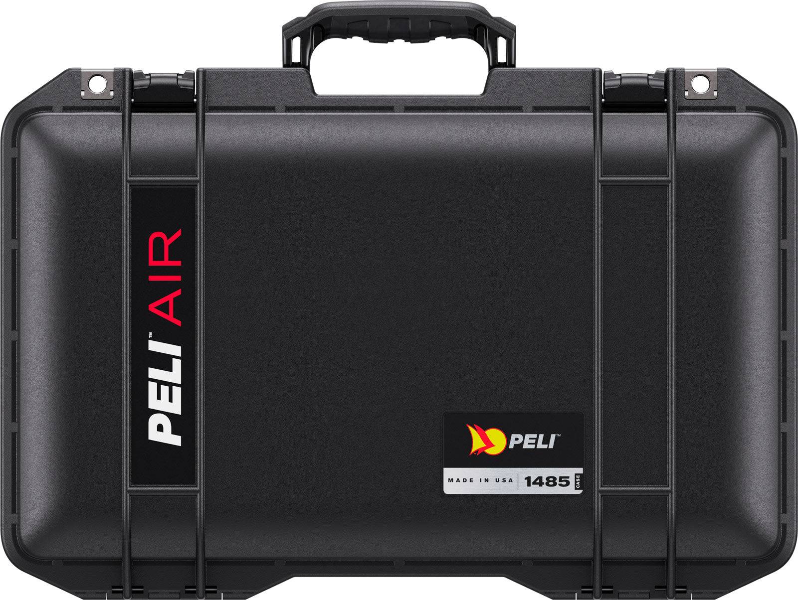 The 1485 Air Case is a black, lightweight hard case with a handle, “PELI AIR” branding left side, and “PELI 1485” label bottom right. This waterproof protective case delivers durable storage and reliable transport.