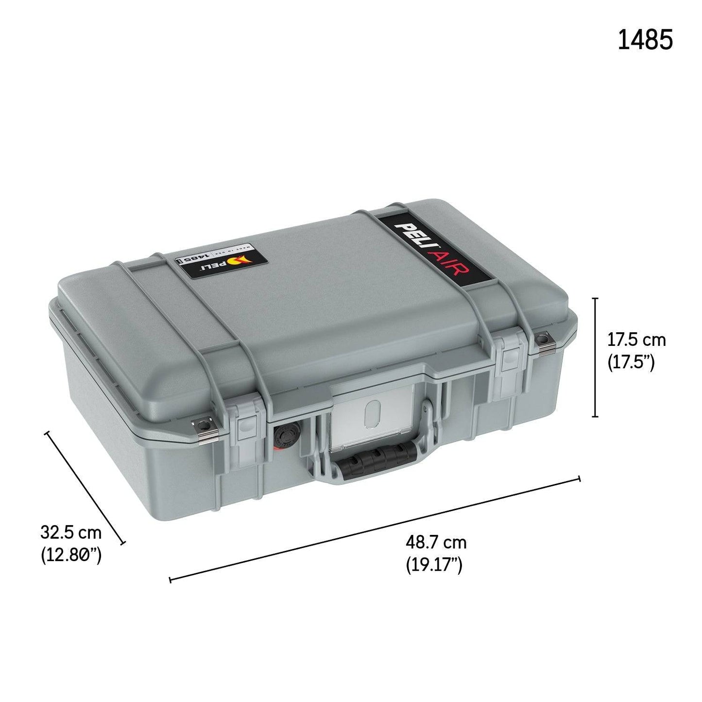 The 1485 Air Case is a gray hard-shell case with a handle, shown closed, and exterior dimensions of 48.7 x 32.5 x 17.5 cm (19.17 x 12.80 x 6.89 in), offering a lightweight solution for protecting your gear.
