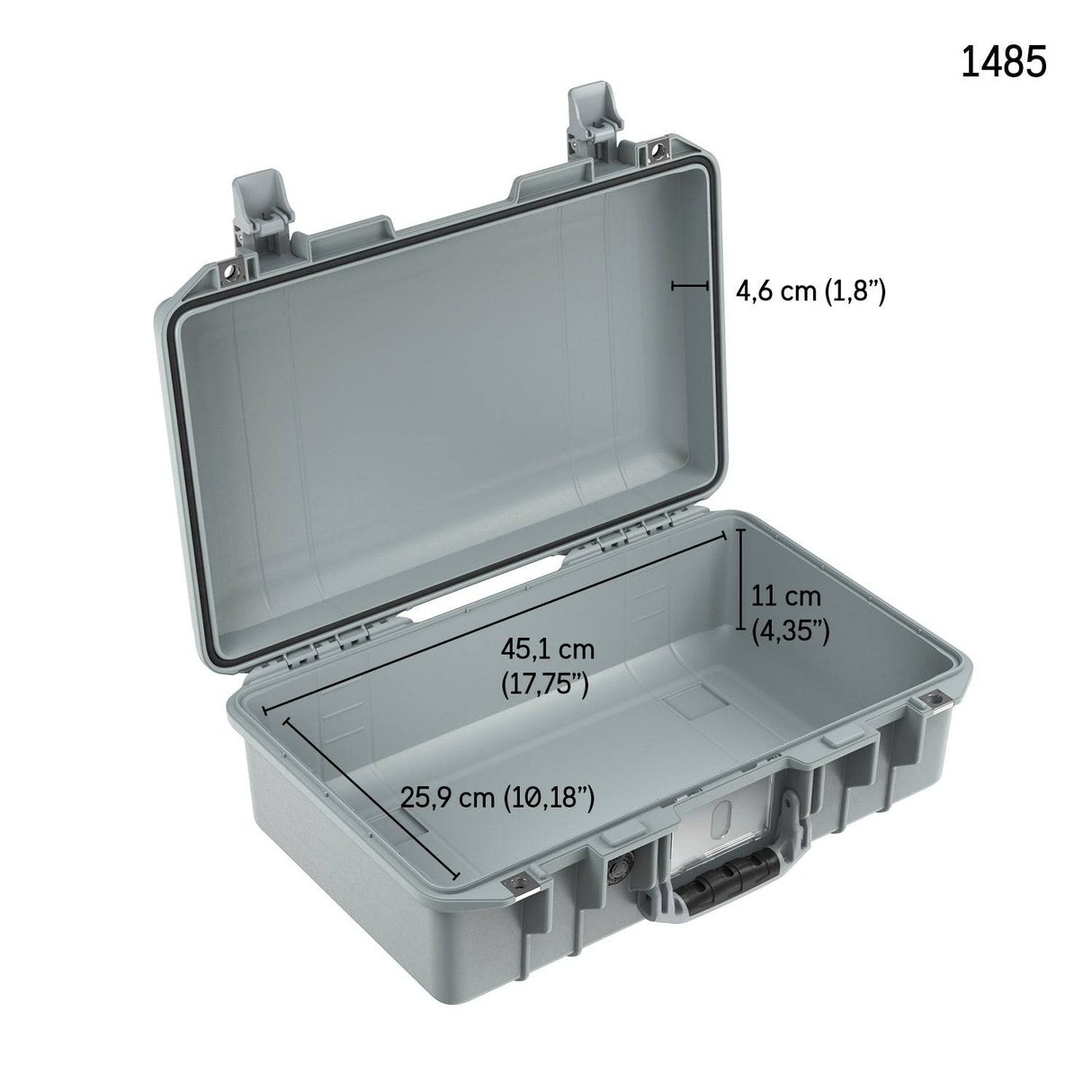 Open gray 1485 Air Case, a lightweight hard case with interior dimensions: 45.1 cm (L) x 25.9 cm (W) x 11 cm (D); lid depth is 4.6 cm. Model 1485 is clearly marked for easy identification.