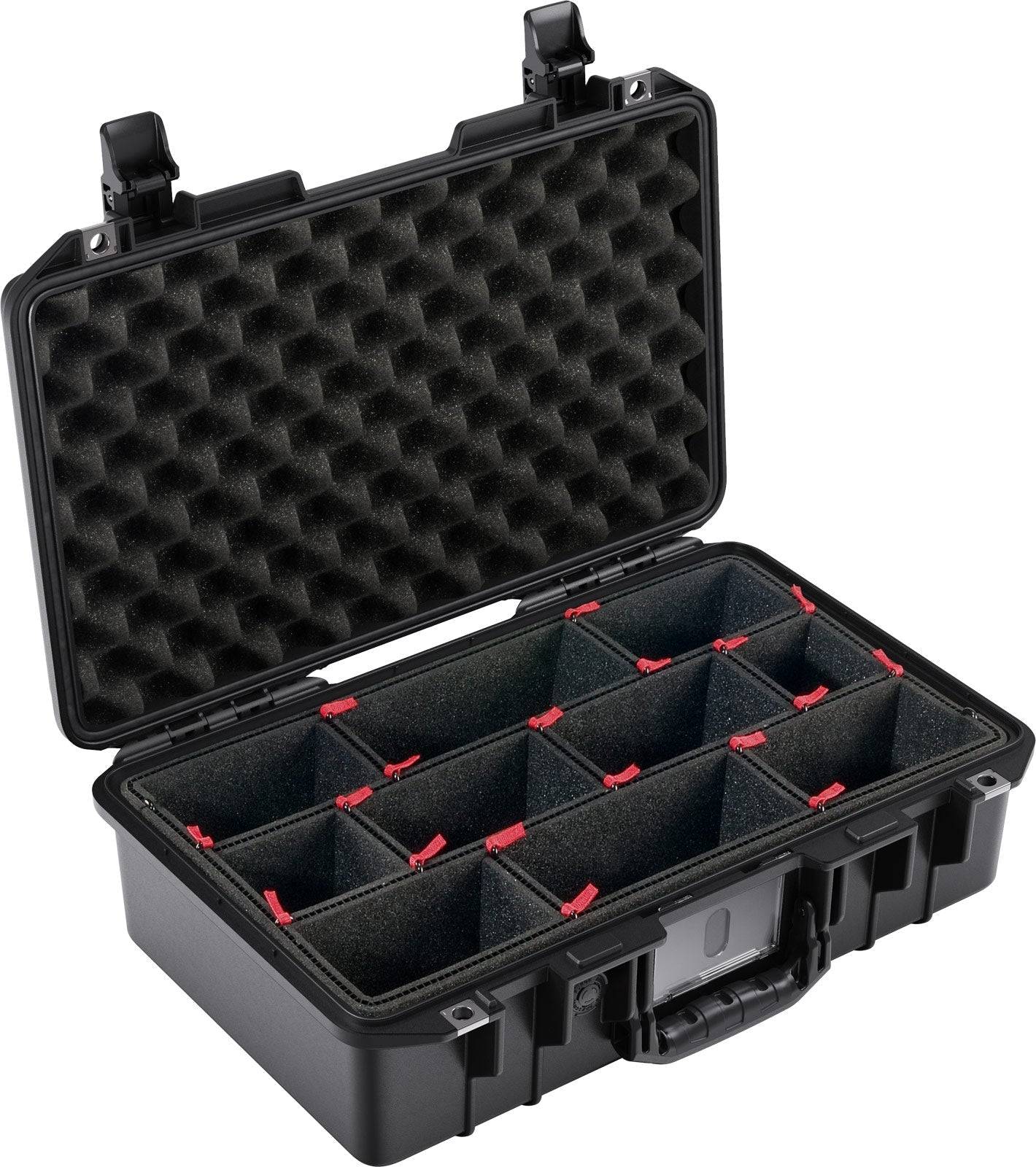 The 1485 Air Case is a lightweight hard case with foam padding and adjustable red dividers, offering portability and protection—inspired by PELI Air cases.