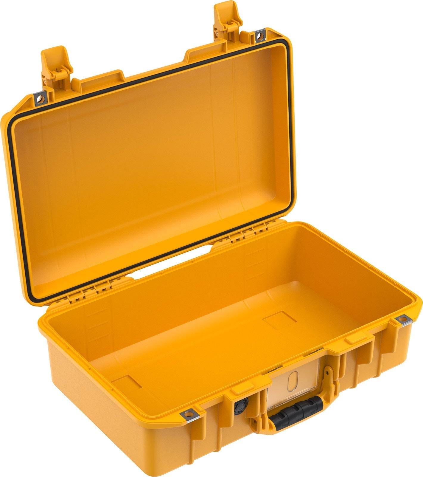 The 1485 Air Case, a durable yellow lightweight hard case, is displayed open on a white background with its empty interior visible.
