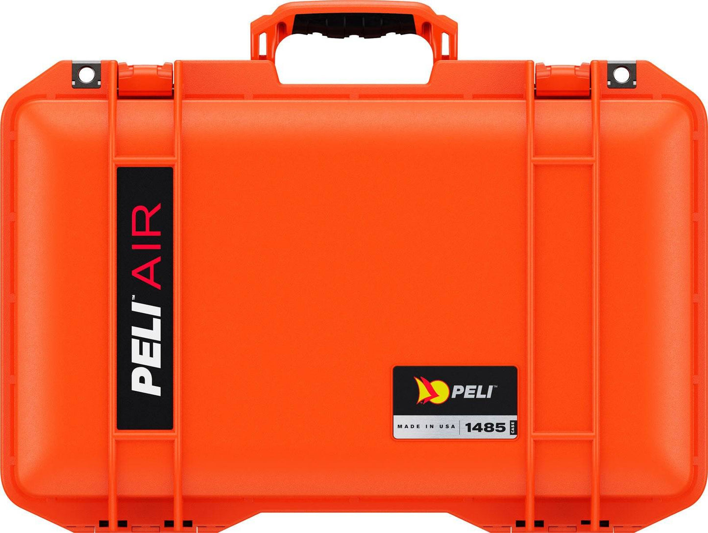 A closed orange 1485 Air Case with a black handle, black and white branding, and secure clasps is shown against a white background.