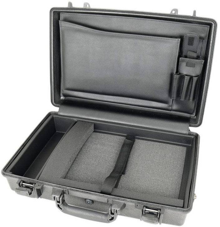 Open black 1490CC1 Protector Laptop Case with foam interior, compartment divider, handle, and lid pockets—perfect as a rugged equipment case for reliable protection.