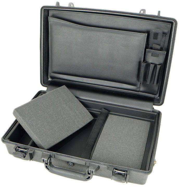Open black 1490CC1 Protector Laptop Case with foam inserts and compartments for organized storage; this rugged case is perfect for securing your valuables.