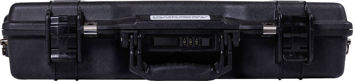 The black 1495 Protector Laptop Case has a hard shell, two locking latches, a combination lock, and a front handle. This crushproof case keeps your laptop and valuables secure and protected wherever you go.