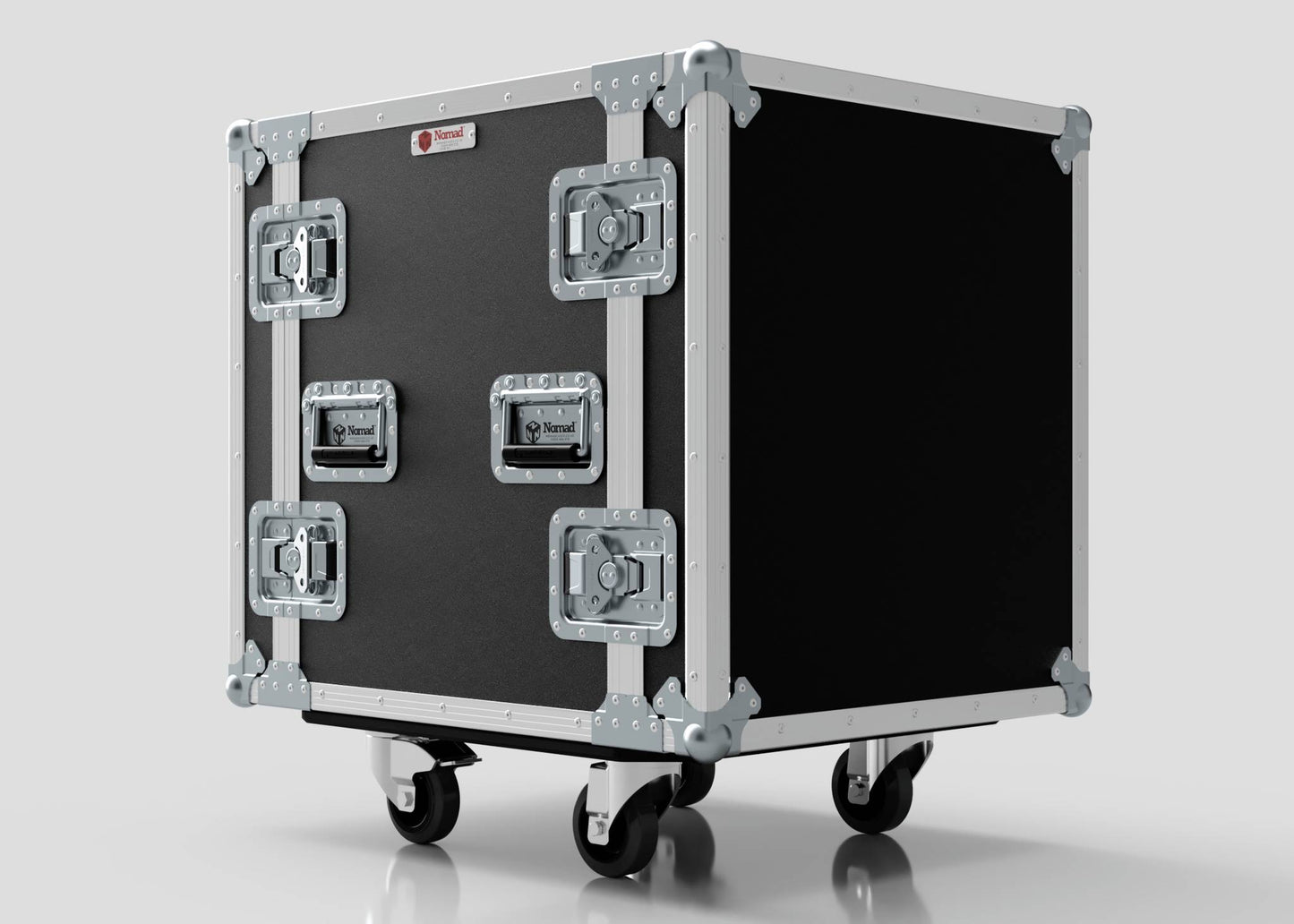 The 14U Foam Shock Mounted 19" Rack Case is a large black flight case, constructed from European birch plywood with metal reinforcements, handles, four casters, and integrated rack strips for safe equipment transport and protection.