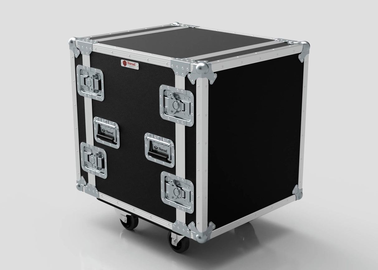 A 14U Foam Shock Mounted 19" Rack Case in black and silver, with metal reinforcements, handles, latches, wheels, and internal rack strips for organized storage, photographed against a plain light background.