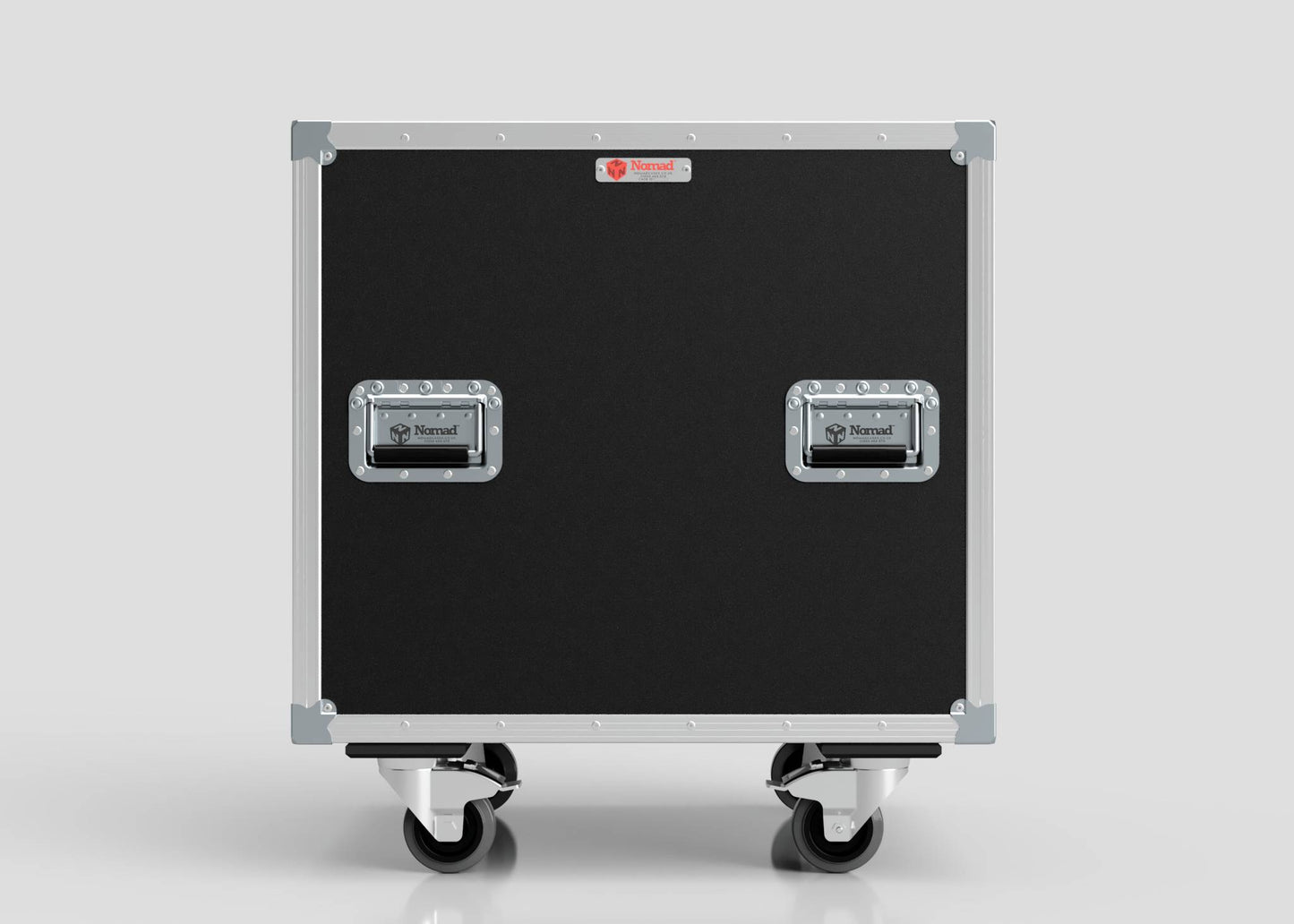The 14U Shock Mount Slam Rack Case is a black rolling equipment case with metal corners, two handles labeled Nomad, and four caster wheels, shown against a plain gray background.
