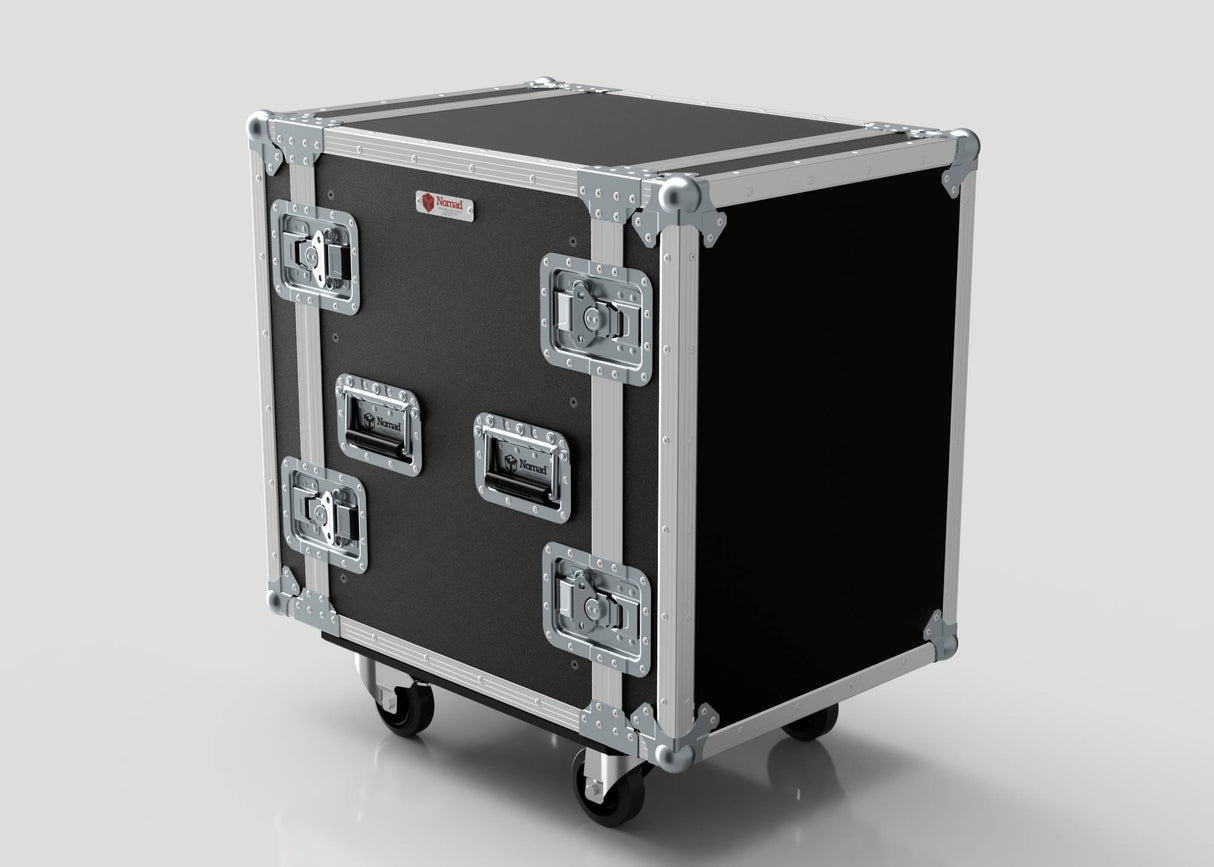 The 14U Standard Rack Case, a spacious black and silver UK-made unit with metal reinforcements, handles, latches, and four caster wheels, is shown on a light reflective surface.
