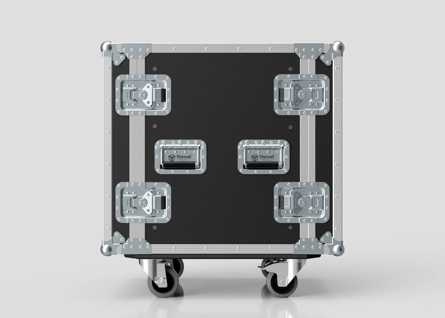 The 14U Standard Rack Case, made of birch plywood with black and silver finish, metal corners, four handles, and two wheels, is shown against a plain light gray background.
