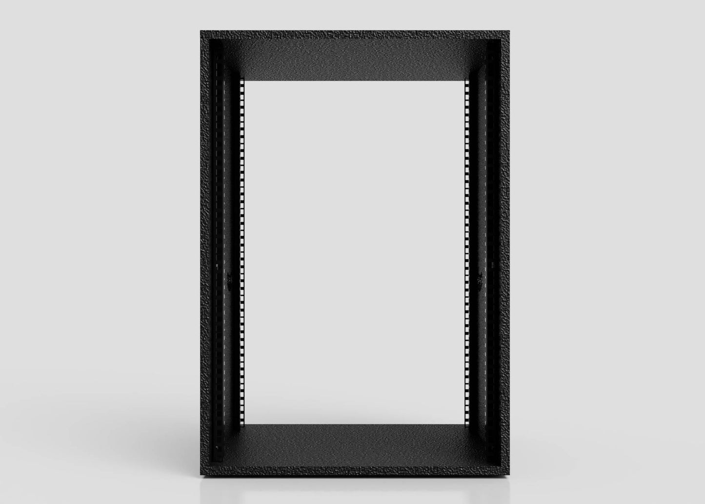 14U Standard Rack Sleeve in black metal, standing upright on a light gray background, viewed from the front with no equipment installed inside.