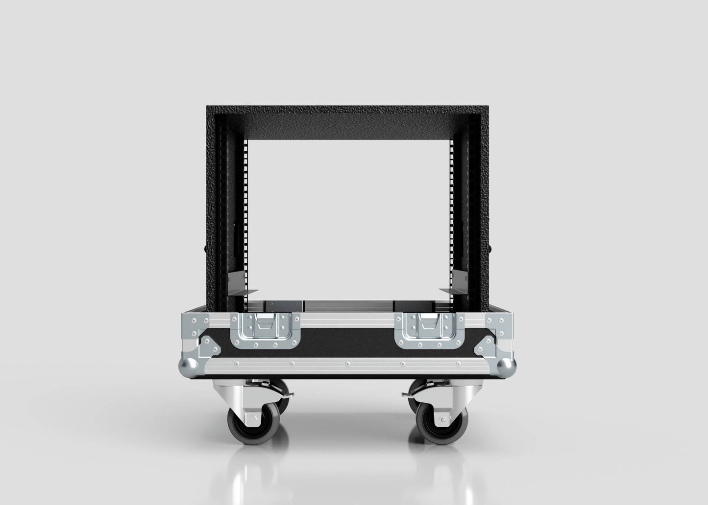 The 14U Standard Rack Sleeve With Case With Lift Off Lid is a black, open-frame equipment rack on caster wheels, shown against a plain light gray background.