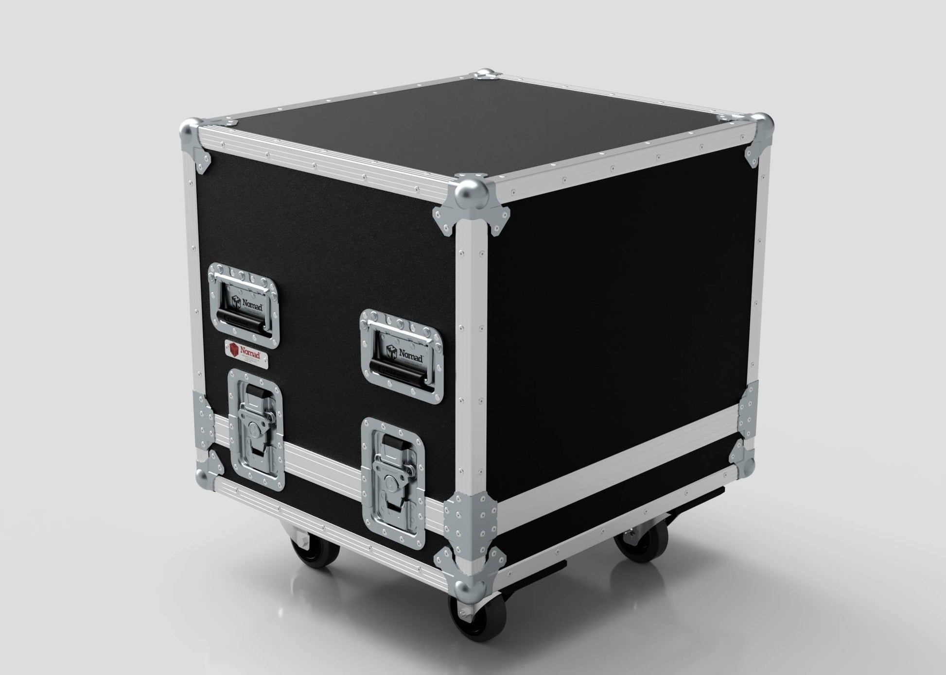 The 14U Standard Rack Sleeve with Case and Lift Off Lid, featuring metal reinforcements, latches, and four wheels, is shown against a plain light background.