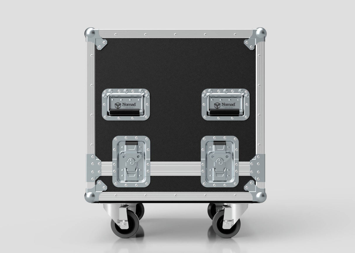 The 14U Standard Rack Sleeve with Case and Lift Off Lid features a black and silver design, metal reinforcements, four latches, and caster wheels for easy transport.