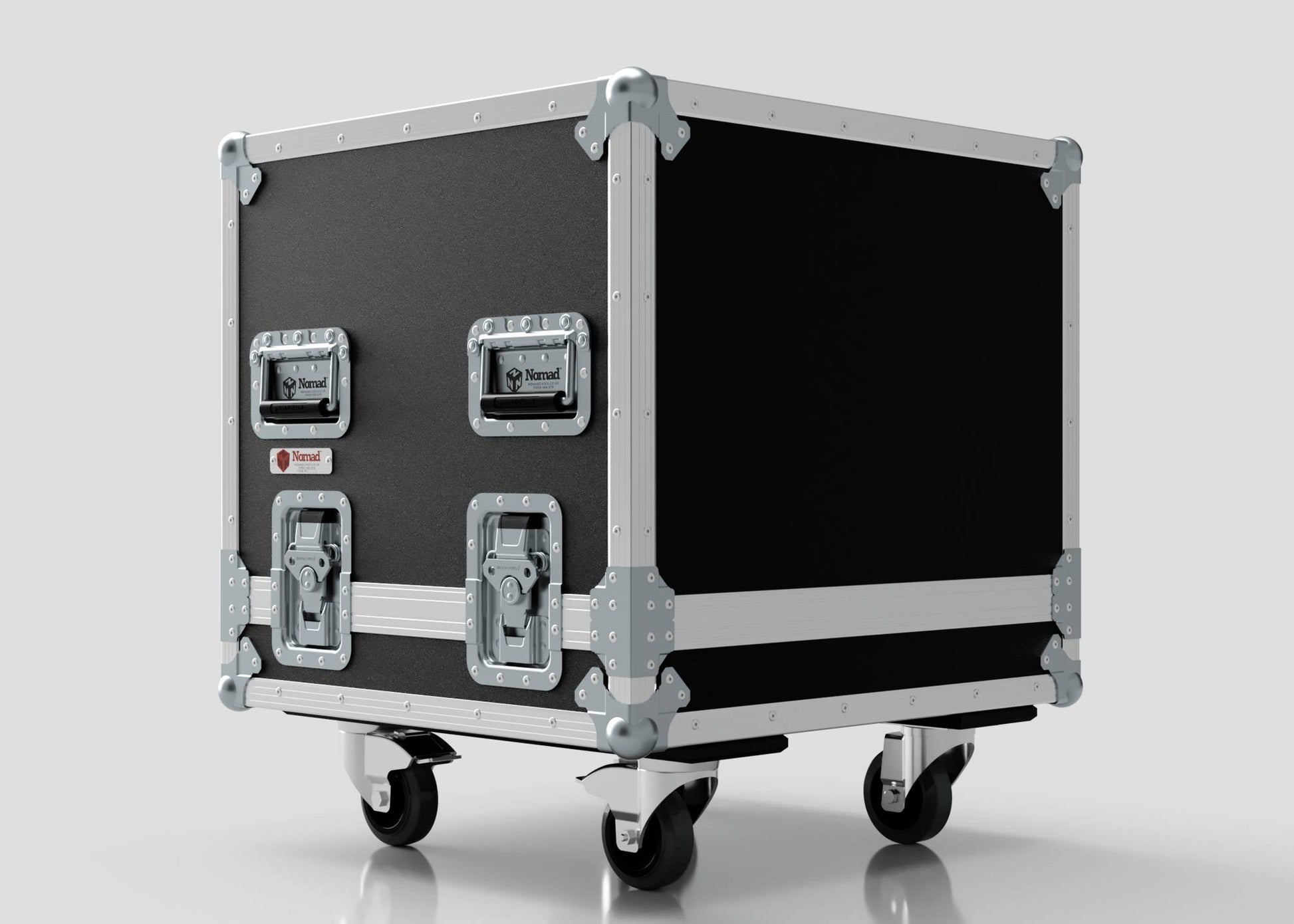 The 14U Standard Rack Sleeve With Case With Lift Off Lid, featuring metal reinforcements, latches, handles, and four caster wheels, is shown against a plain white background.