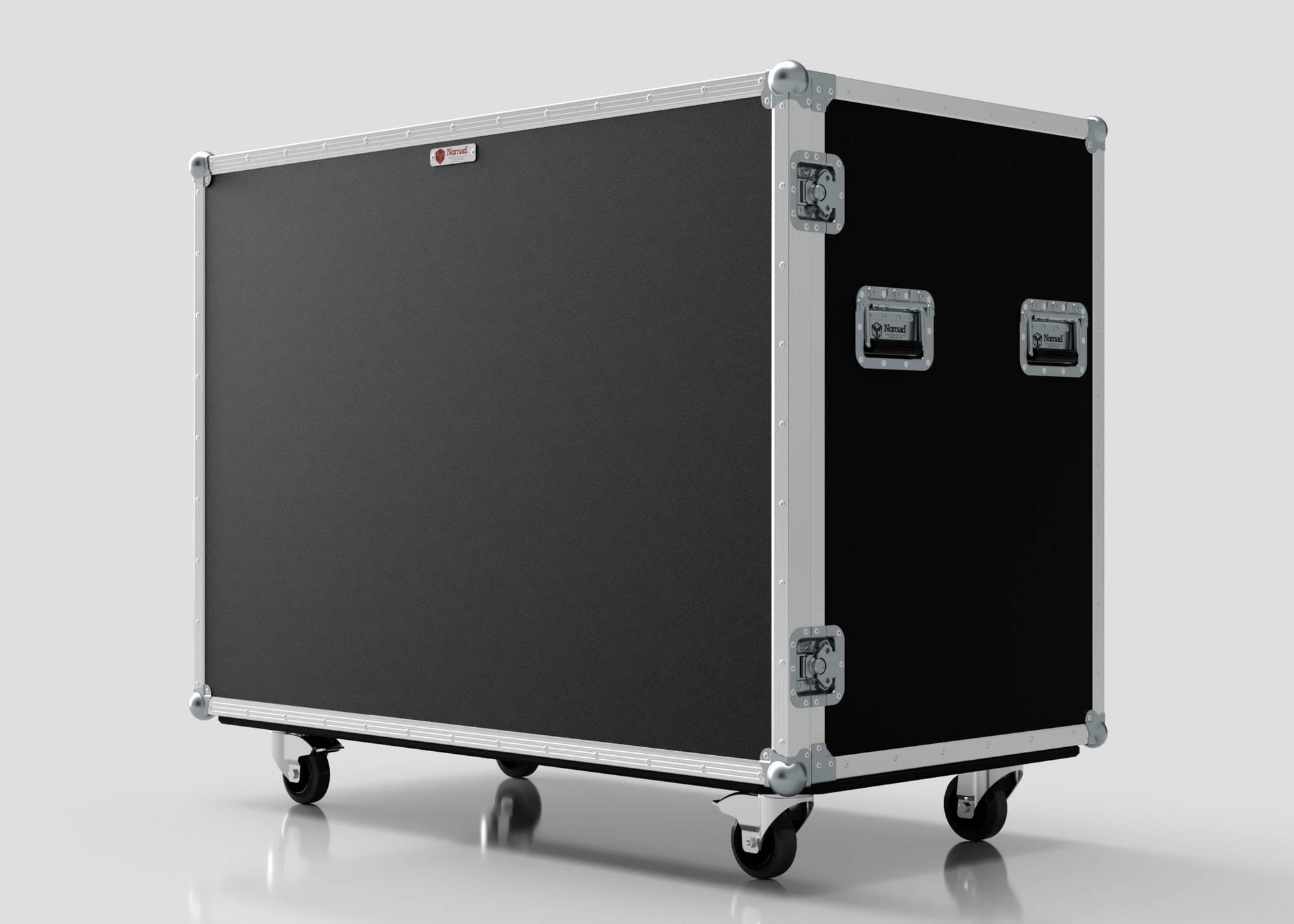 The 15 Way Euro Crate Case, a large black road case with metal edges, handles, and high load capacity, stands on four caster wheels against a plain background.