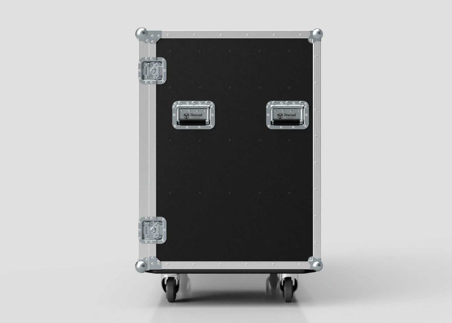 The 15 Way Euro Crate Case is a large black case with metal edges, reinforced corners, two latches, and two handles, standing upright on four high-capacity caster wheels against a plain background.